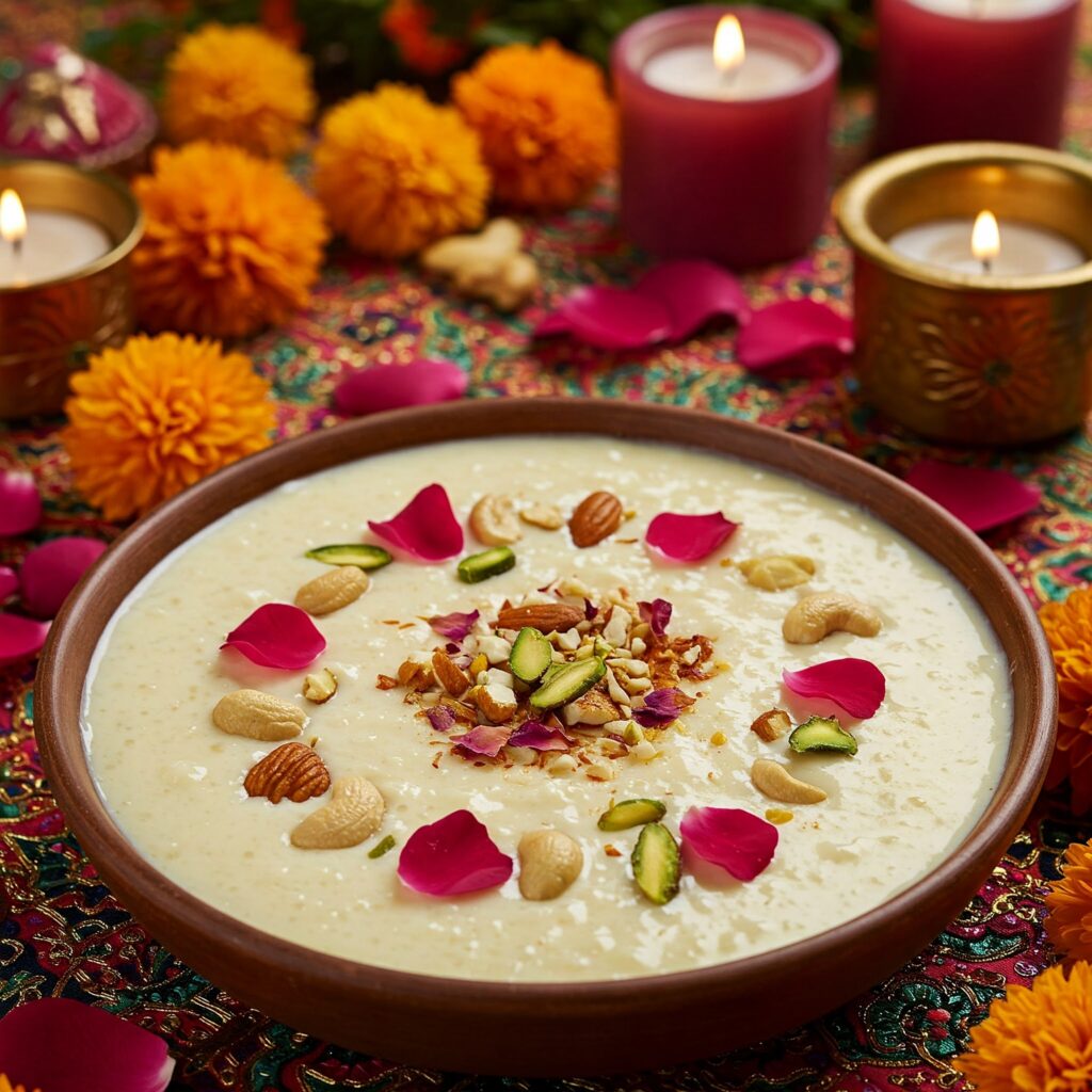 "A bowl of creamy kheer garnished with saffron strands, rose petals, and nuts"