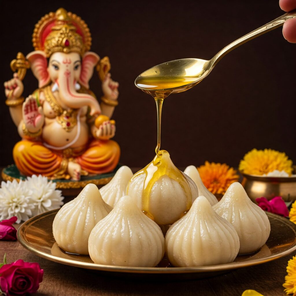 “Traditional steamed modaks arranged on a banana leaf for Ganesh Chaturthi”