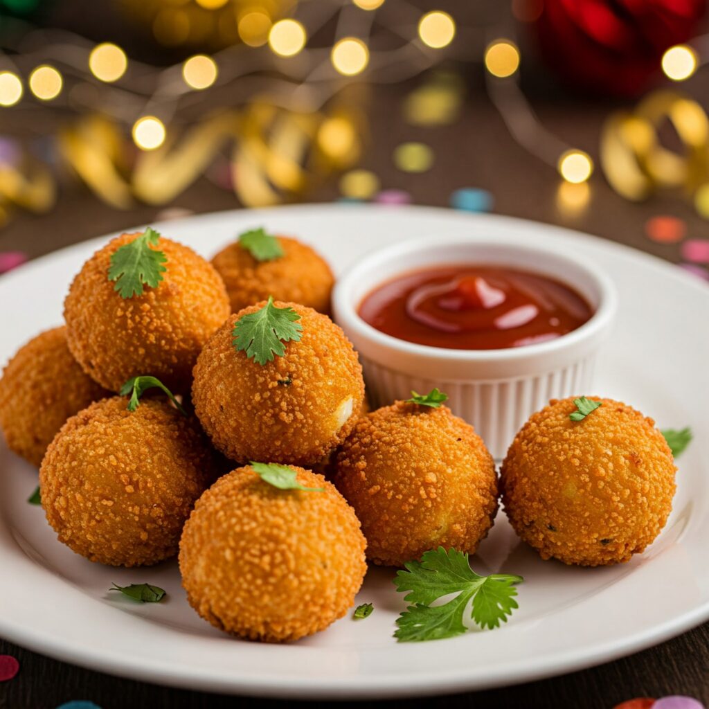 Crispy golden cheese balls with dipping sauce