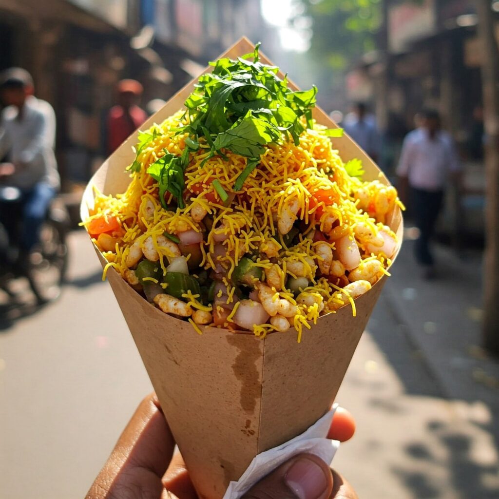 Bhel Puri served in paper cone with sev and chutneys