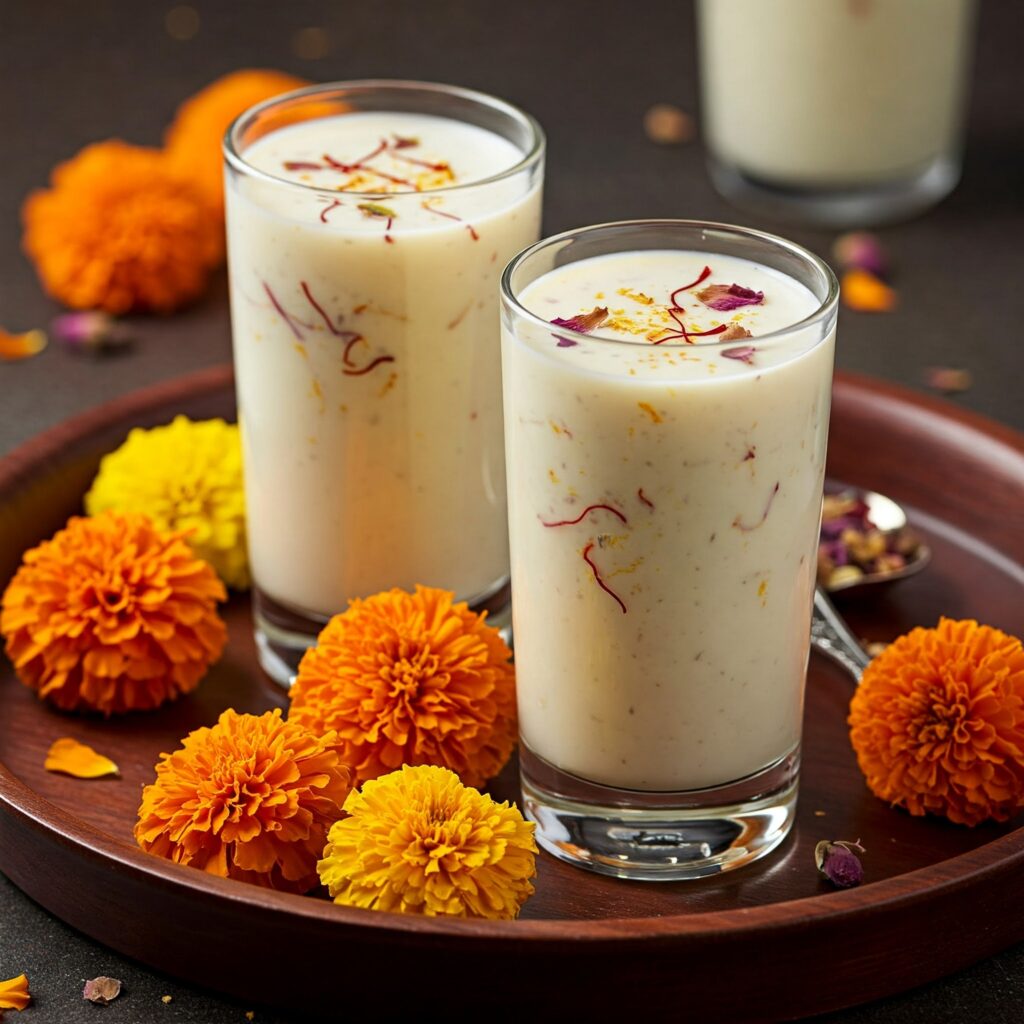 "Two glasses of traditional thandai garnished with saffron and rose petals for Holi"