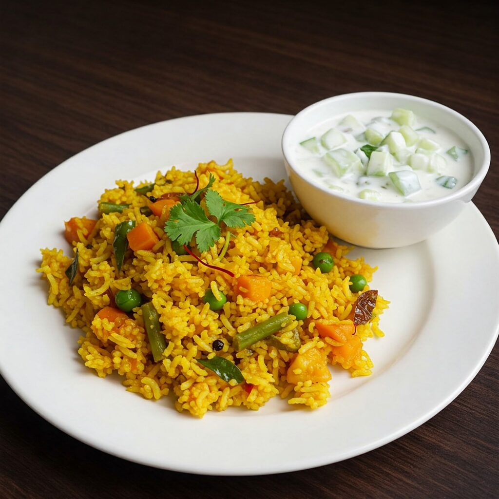 “A plate of colorful Veg Pulao served with cucumber raita in a bowl”