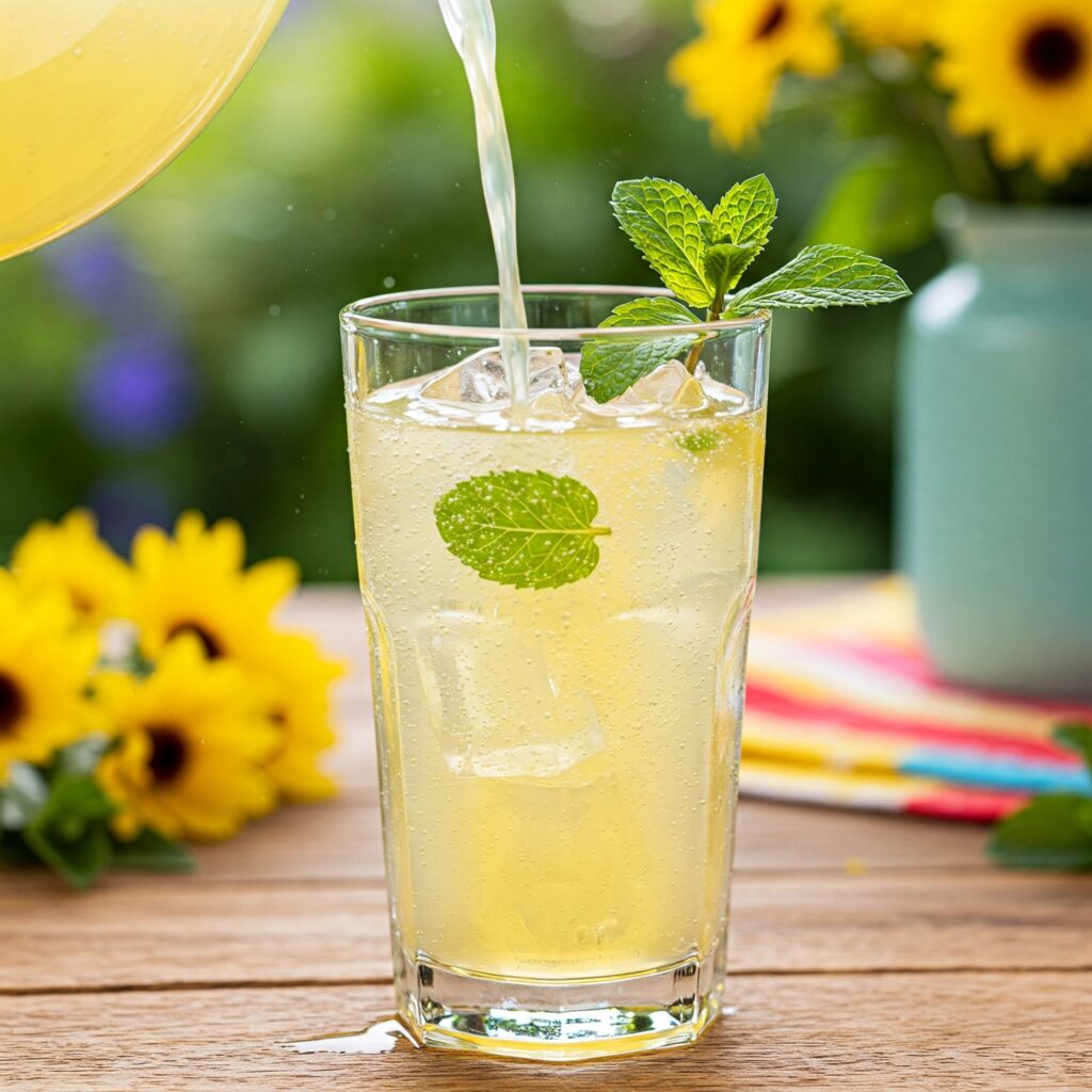 Glass of chilled lemonade with ice and mint leaves