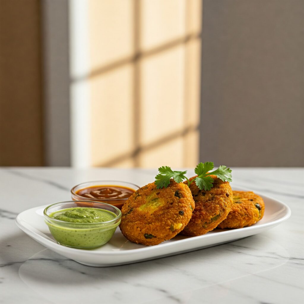 Crispy Aloo Tikki served with mint and tamarind chutney on a plate